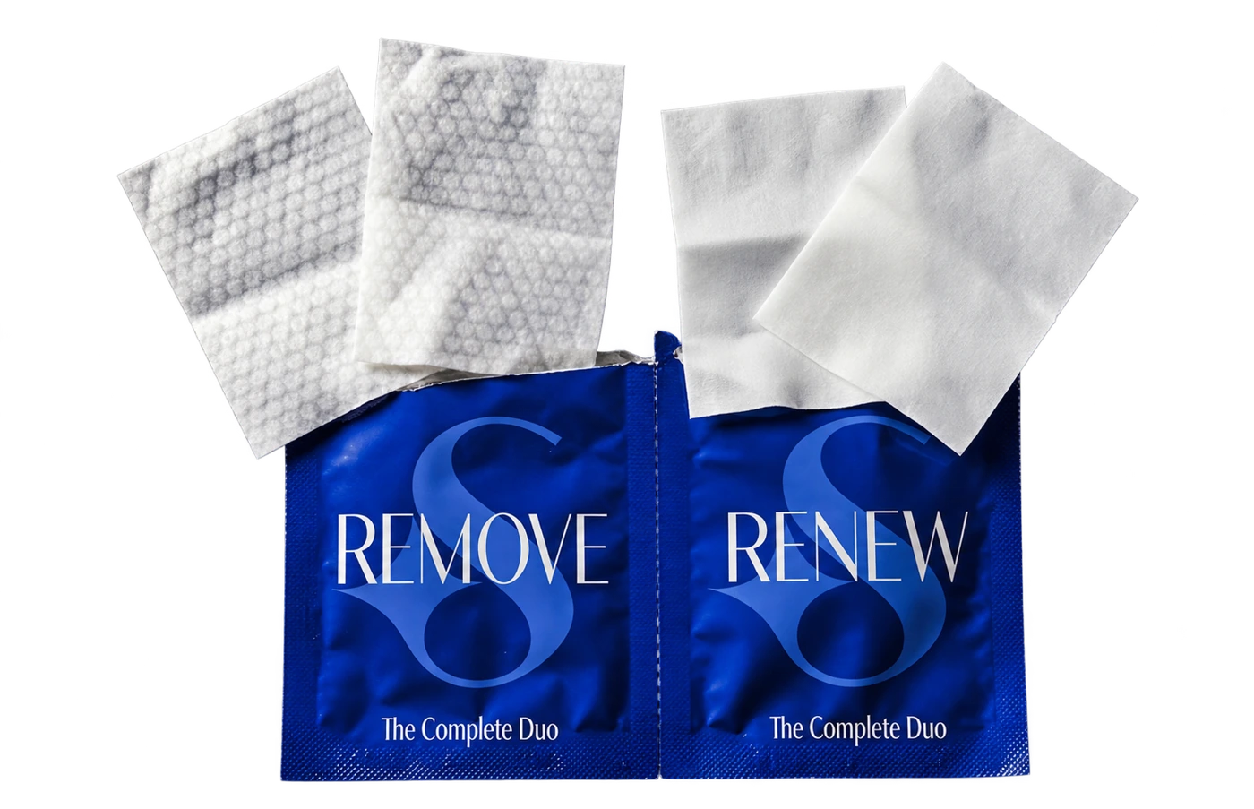The original Remove and Renew packets, with textured cleansing wipes and smooth serum wipes