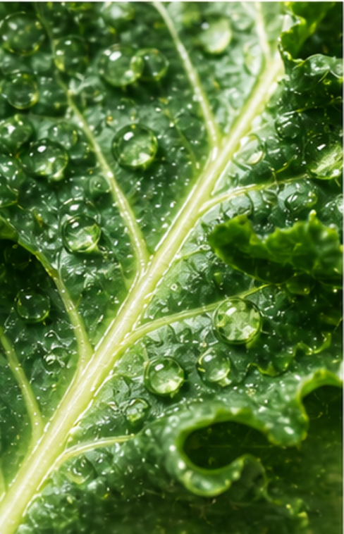 Close-up of a green leaf with water droplets representing Brassica Oleracea Kale Extract