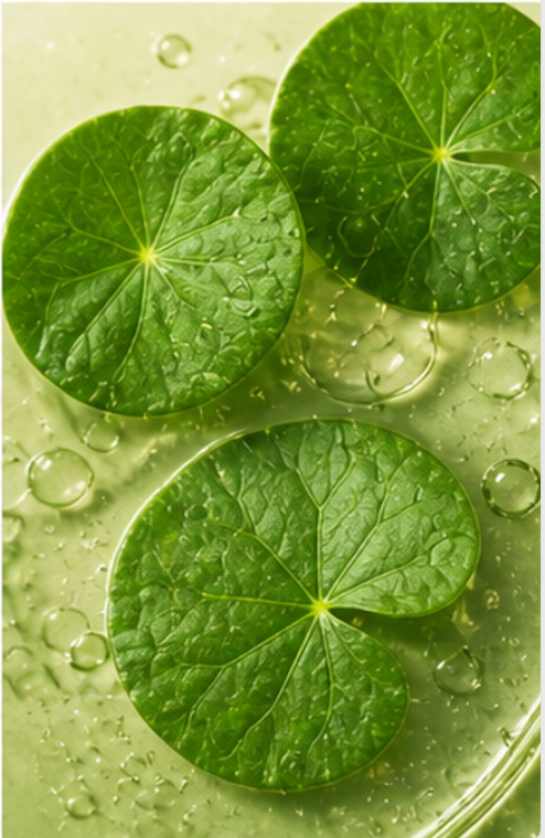 Three green leaves on a textured green surface with water droplets representing Centella Asiatica