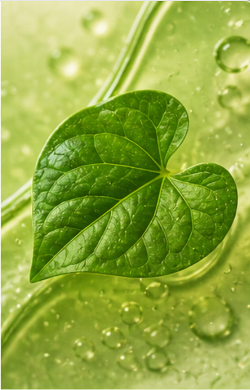Close-up of a green leaf on a textured green surface with water droplets representing Houttuynia Cordata