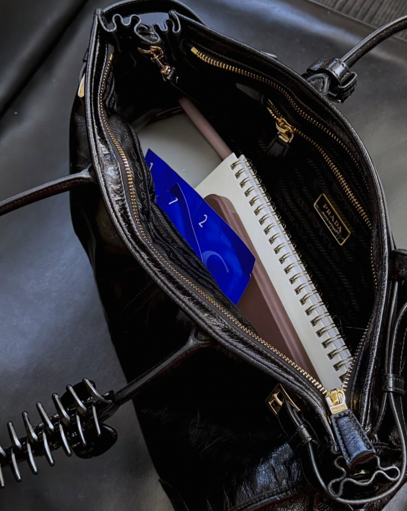 Black leather Prada bag with a zipper open, revealing Skilk Skin, a notebook, and pen inside.
