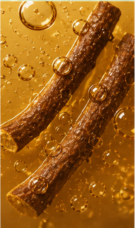 Two sticks with bubbles on a gold background representing Rehmannia Chinensis Rehmannia Root Extract