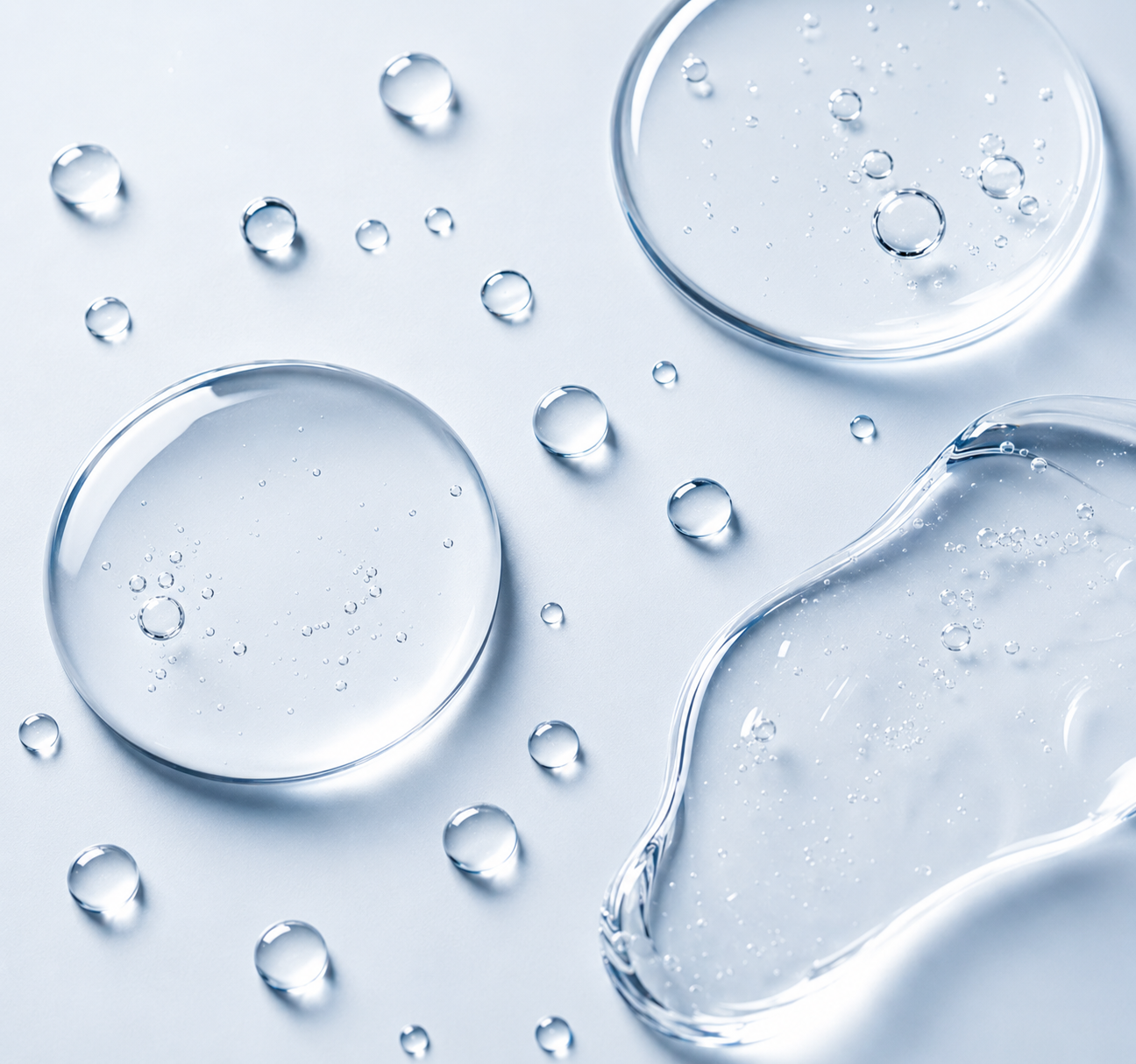 Close-up of water droplets and liquid on a light blue background